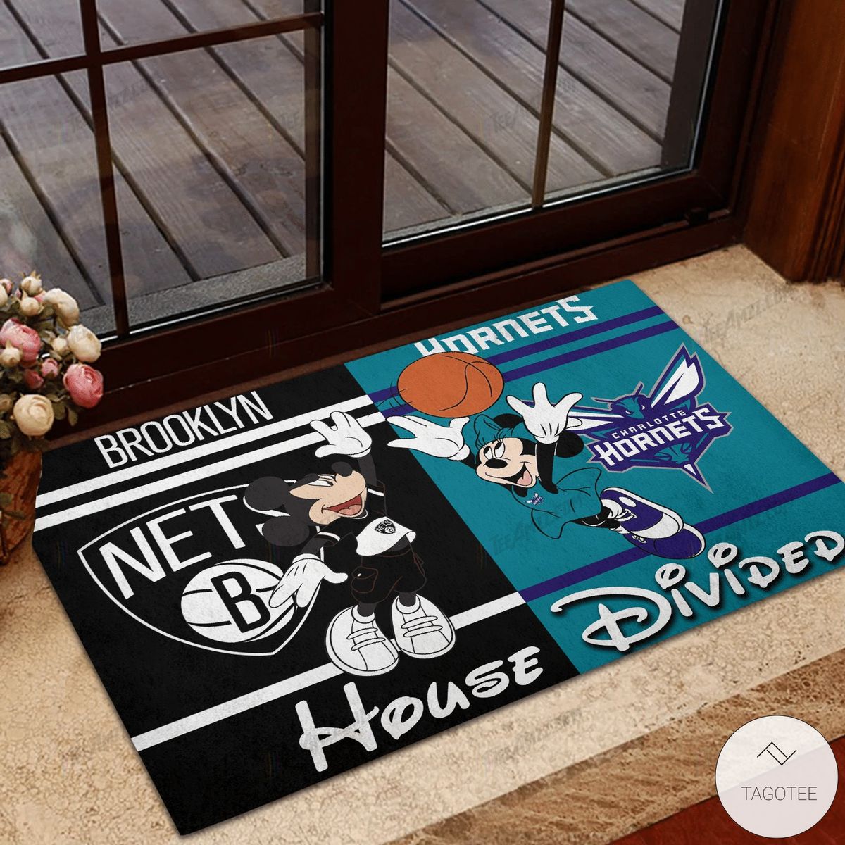 Brooklyn Nets House Divided Charlotte Hornets Mickey Mouse And Minnie Mouse Doormat  – TAGOTEE