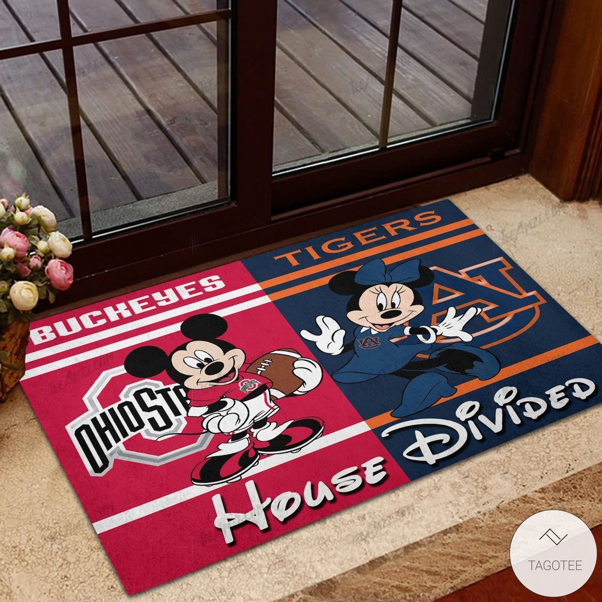 Buckeyes Ohio State House Divided Auburn Tigers Mickey Mouse And Minnie Mouse Doormat – TAGOTEE