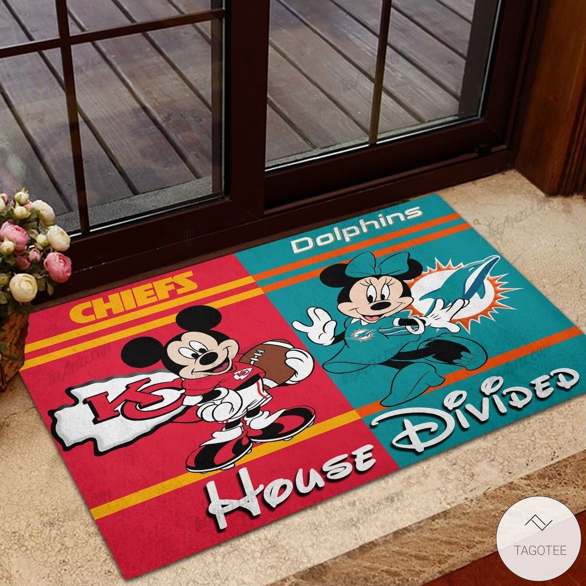 Chiefs House Divided Dolphins Mickey Mouse And Minnie Mouse Doormat