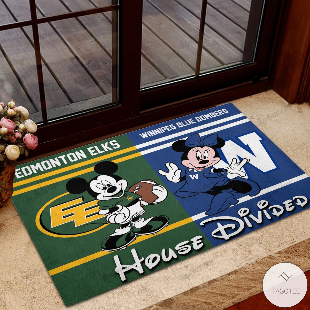 Edmonton Elks House Divided Winnipeg Blue Bombers Mickey Mouse And Minnie Mouse Doormat