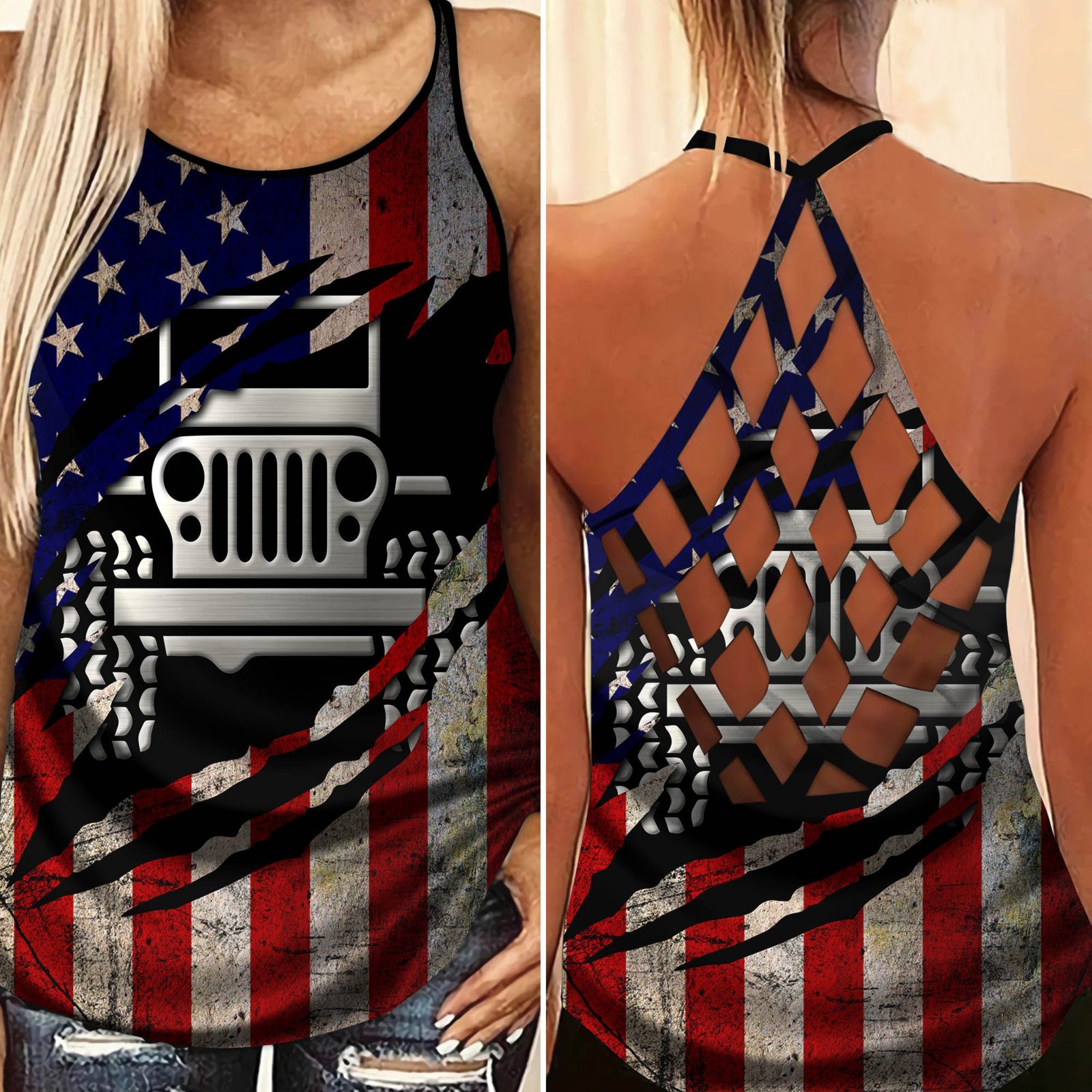 Jeep girl american flag 4th of july criss cross tank top