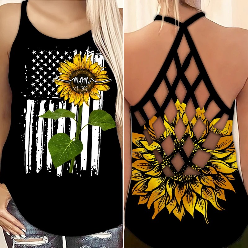 Mom est Sunflower Summer Custom Name Criss Cross Tank Top – Hothot 300621