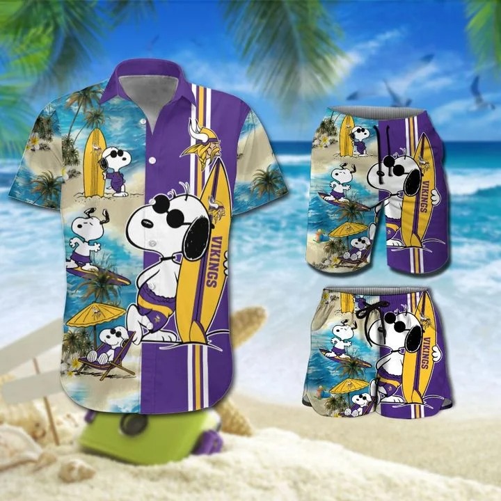 Snoopy And Minnesota Vikings Hawaiian Shirt Beach Shorts