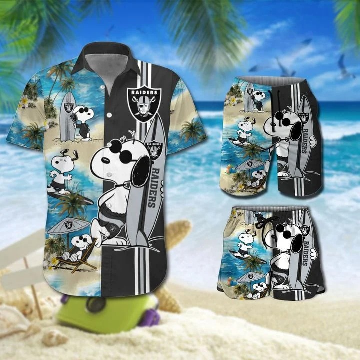 Snoopy And Oakland Raiders Hawaiian Shirt Beach Shorts