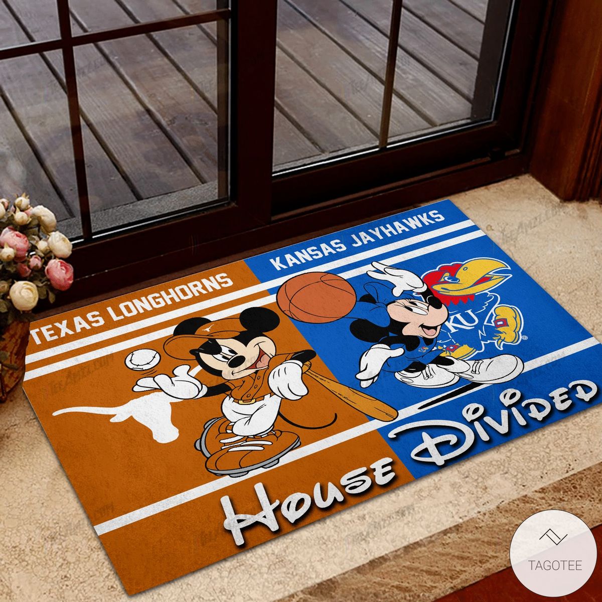 Texas Longhorns House Divided Kansas Jayhawks Mickey Mouse And Minnie Mouse Doormat– TAGOTEE
