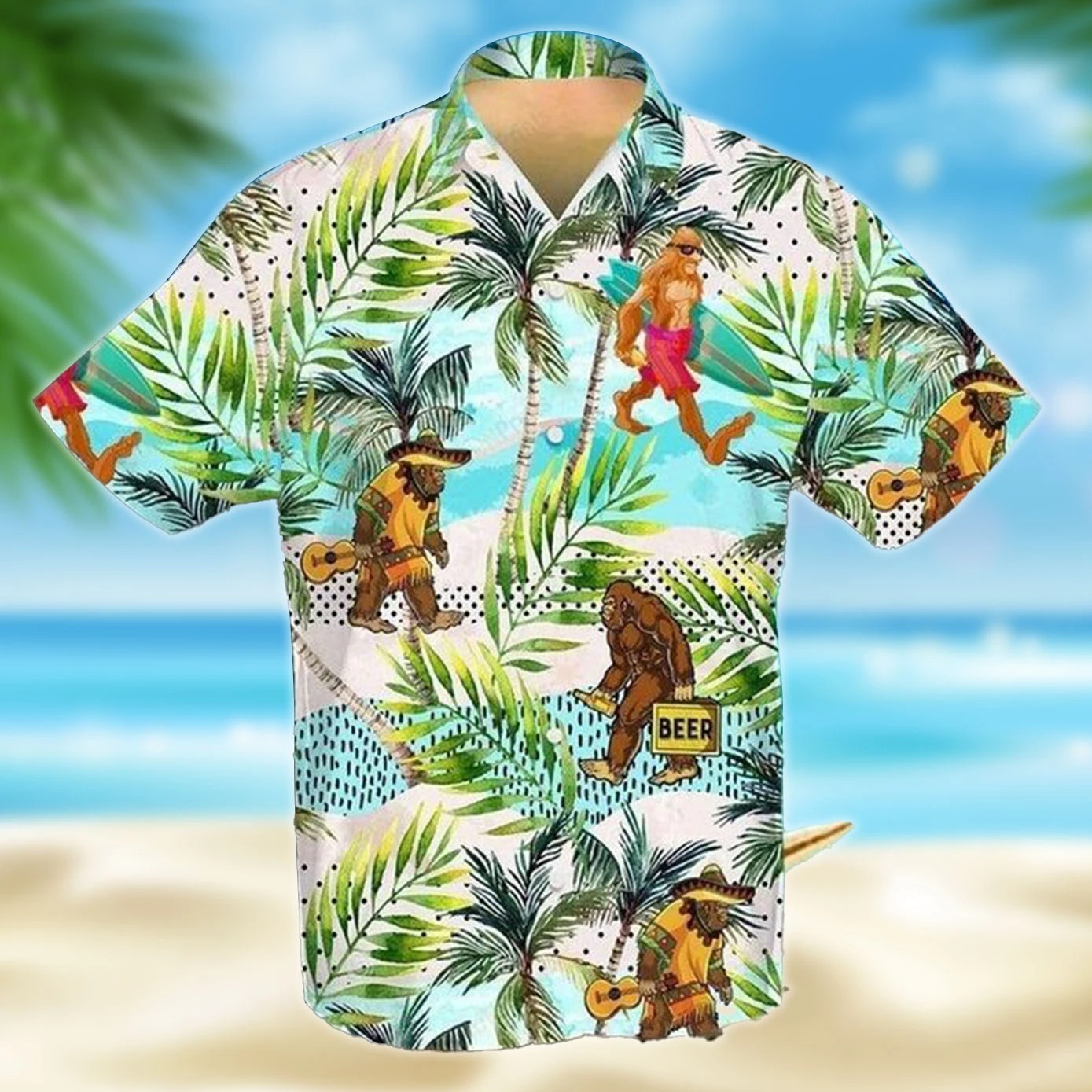 Bigfoot skiing guitar beer hawaiian shirt