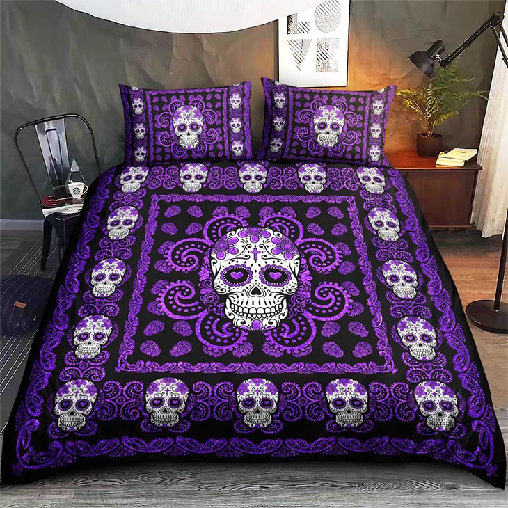 Sugar skull purple bedding set