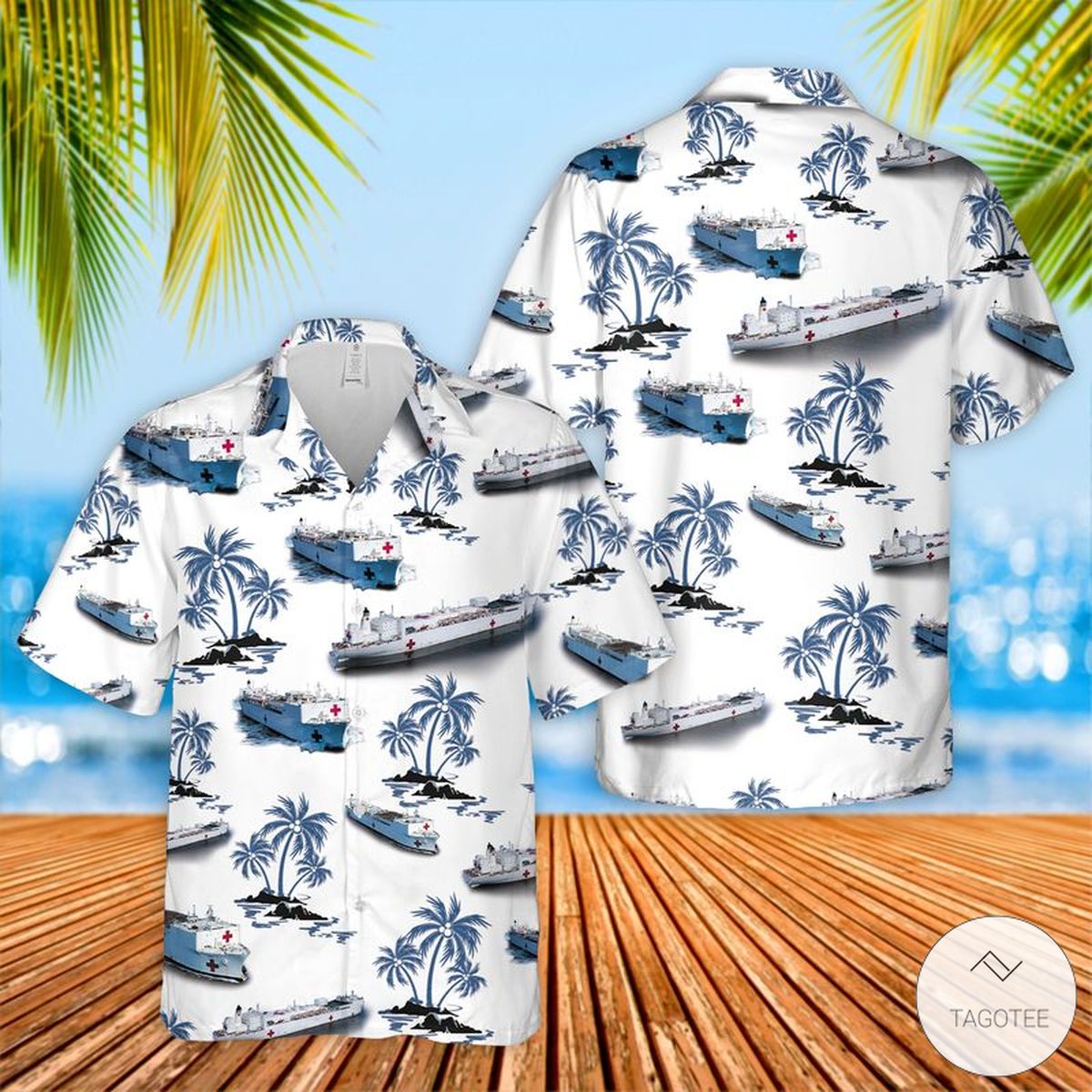 US Navy Hospital Ship Hawaiian Shirt Beach Shorts