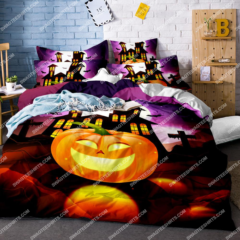 ghost house and pumpkin halloween night full printing bedding set 1