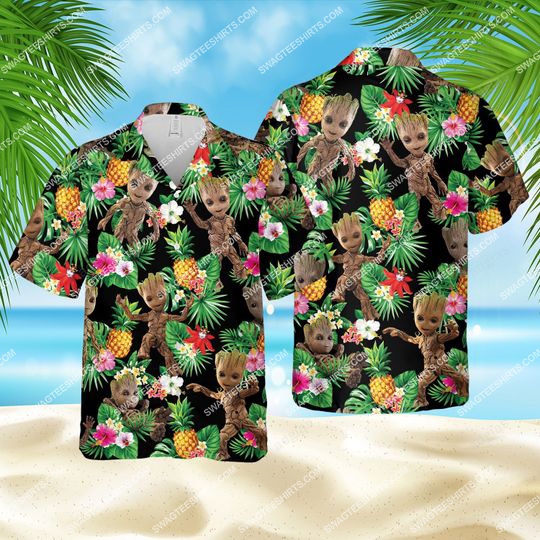 tropical floral baby groot all over print hawaiian shirt 1