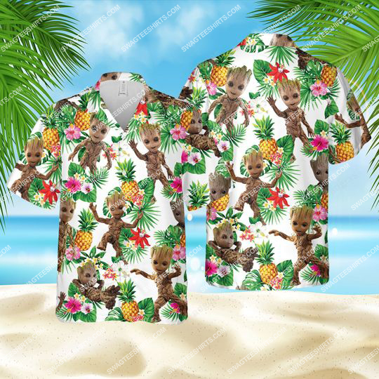 tropical fruits baby groot all over print hawaiian shirt 1