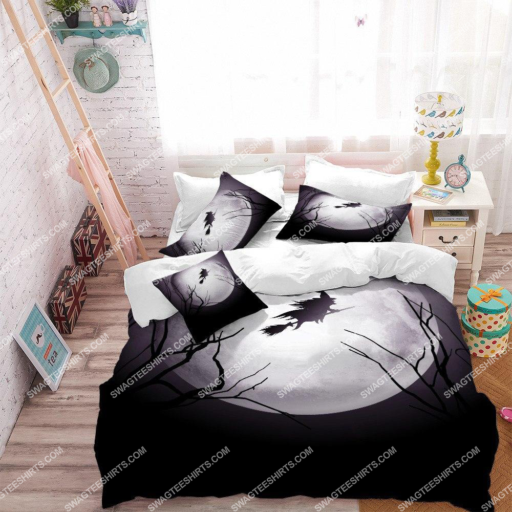 witch flying by moon and halloween night full printing bedding set 1