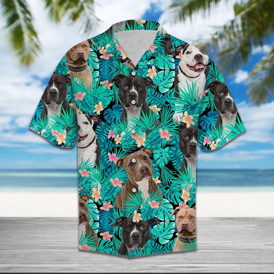 American pit bull terrier tropical hawaiian shirt