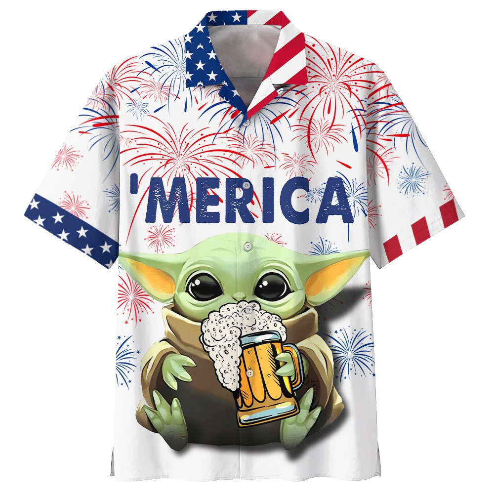 Baby Yoda with beer 'merica hawaiian shirt