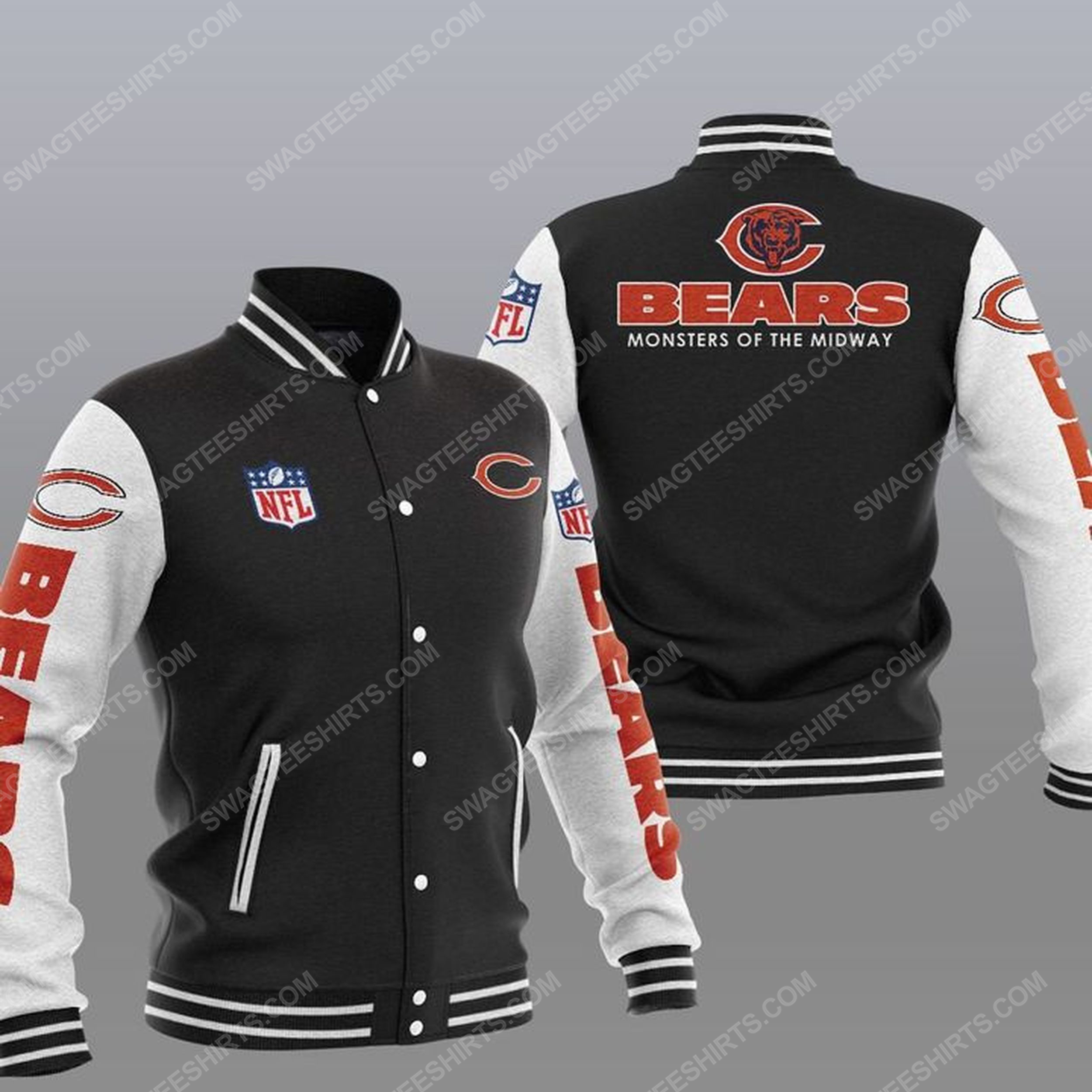Chicago bears monsters of the midway all over print baseball jacket - black 1