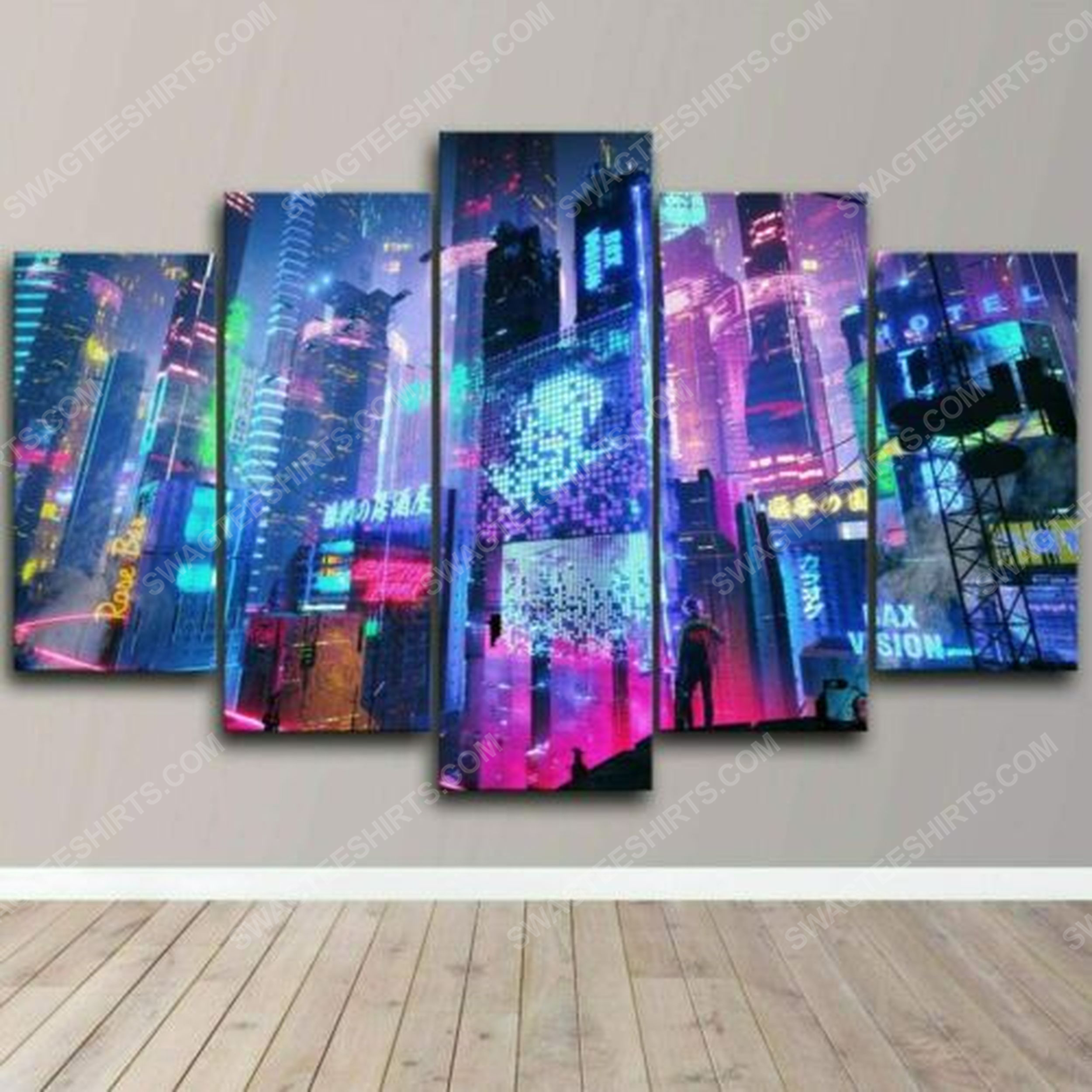 [special edition] Colorful neon city cyberpunk print painting canvas wall art home decor – maria