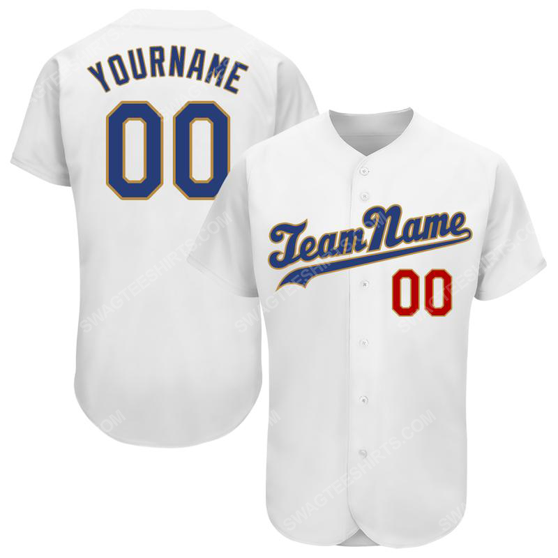 Custom team name white royal-old gold full printed baseball jersey
