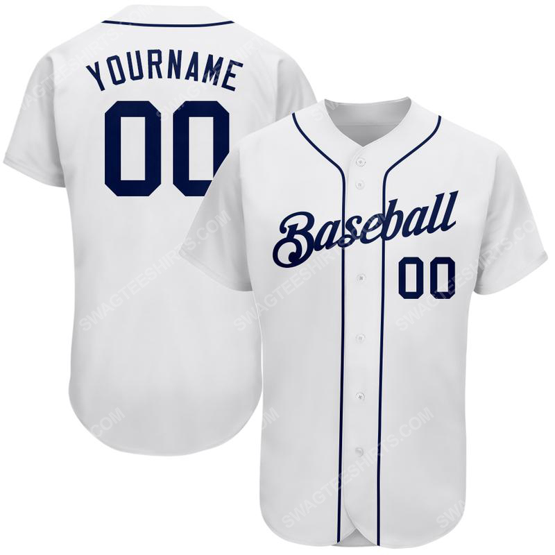 Custom team name white strip navy blue full printed baseball jersey