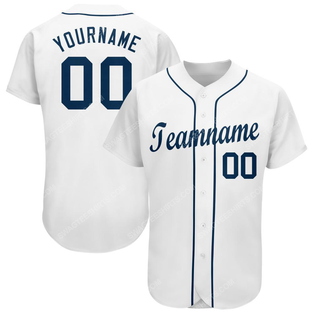 Custom team name white strip navy full printed baseball jersey