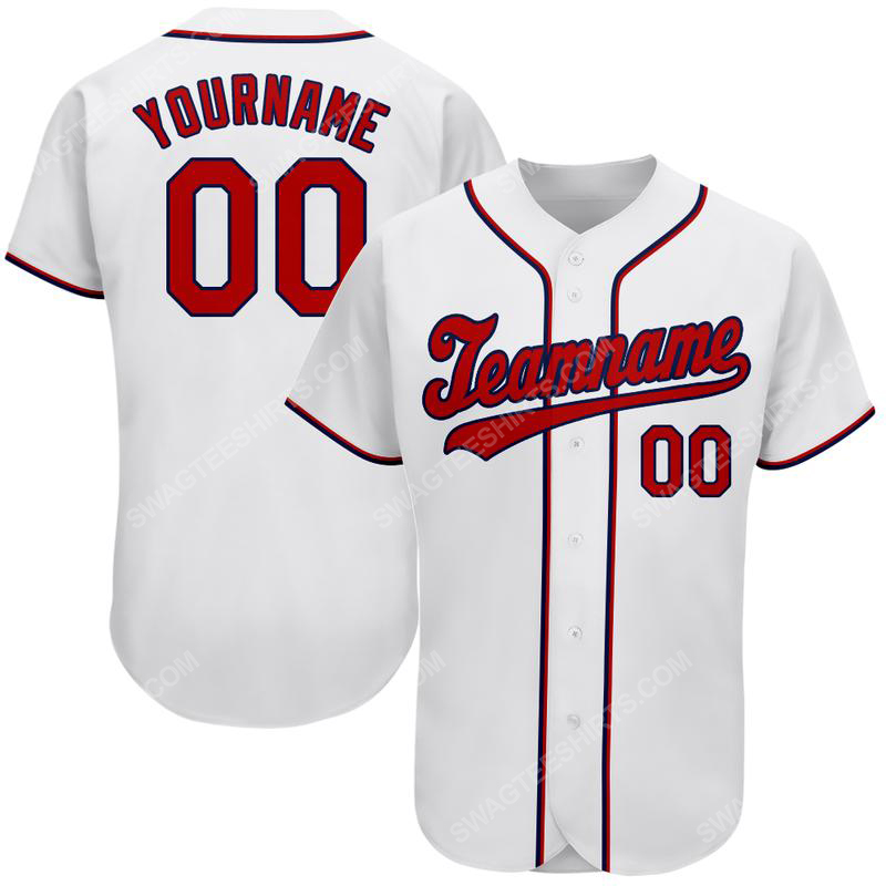 Custom team name white strip red-navy full printed baseball jersey
