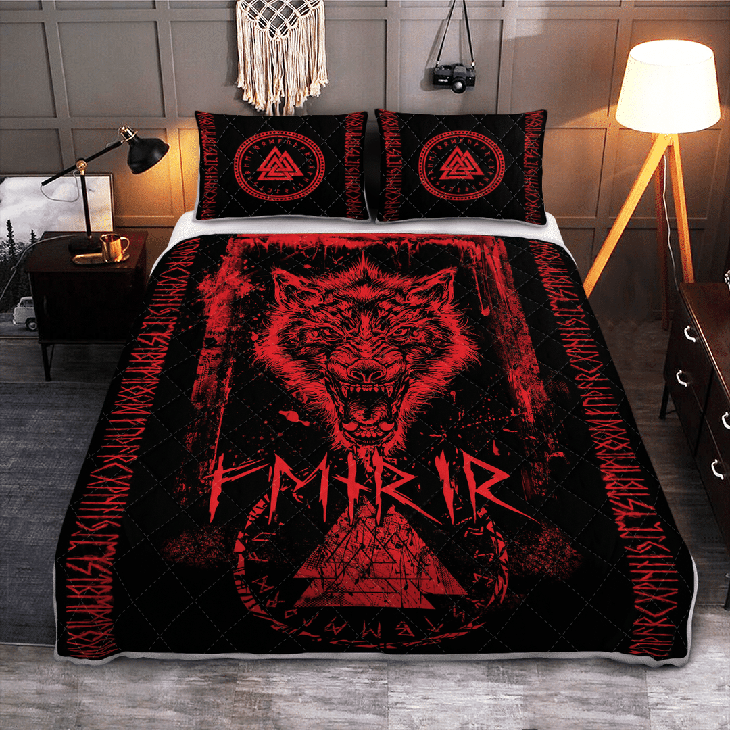 Fenrir Wolf Valknut And Rune Viking Quilt Bedding Set – LIMITED EDITION