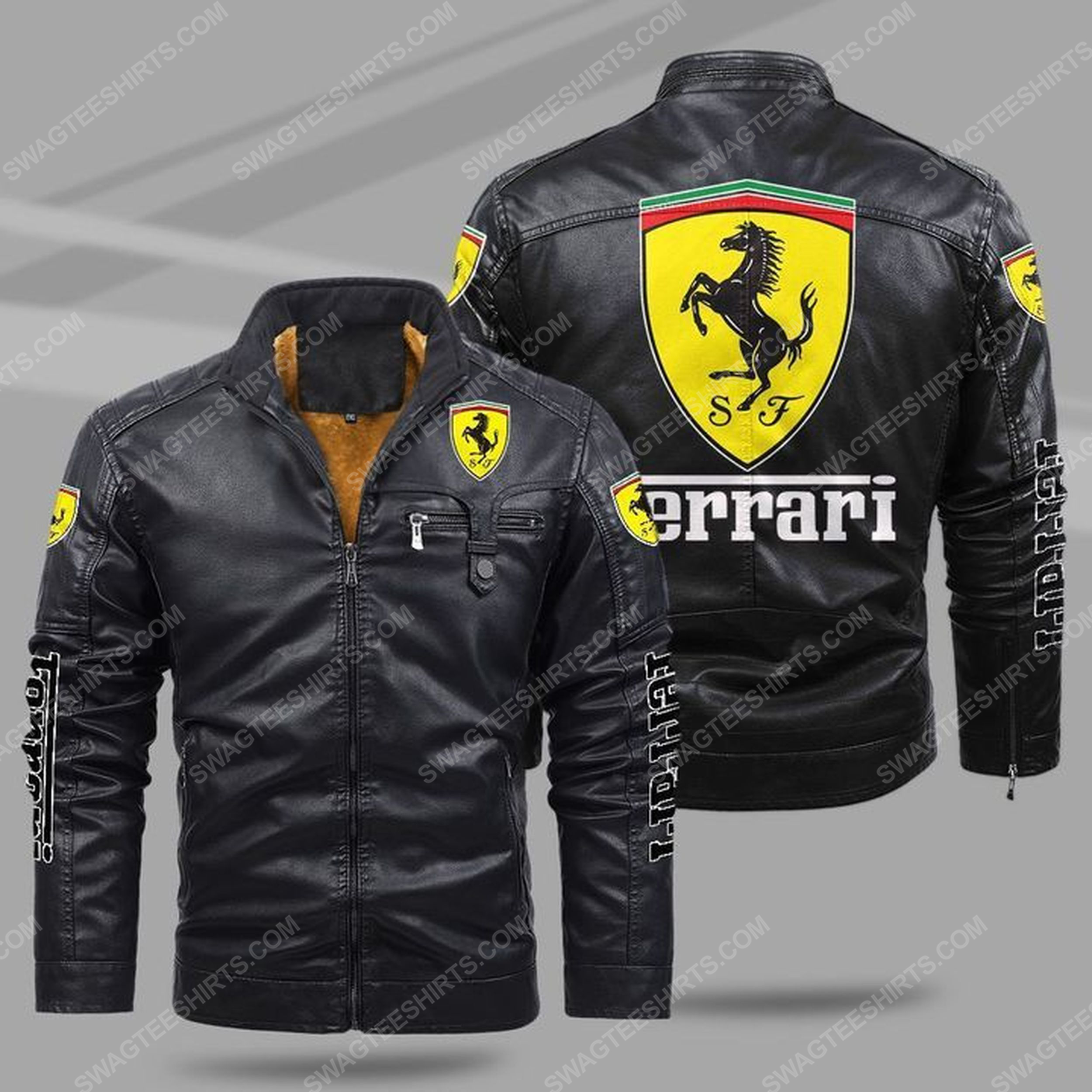 Ferrari car all over print fleece leather jacket