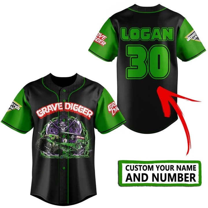 Grave Digger Custom Name And Number Baseball Shirt – BBS