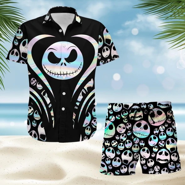Hologram Jack Skellington Face Hawaiian Shirt And Beach Short