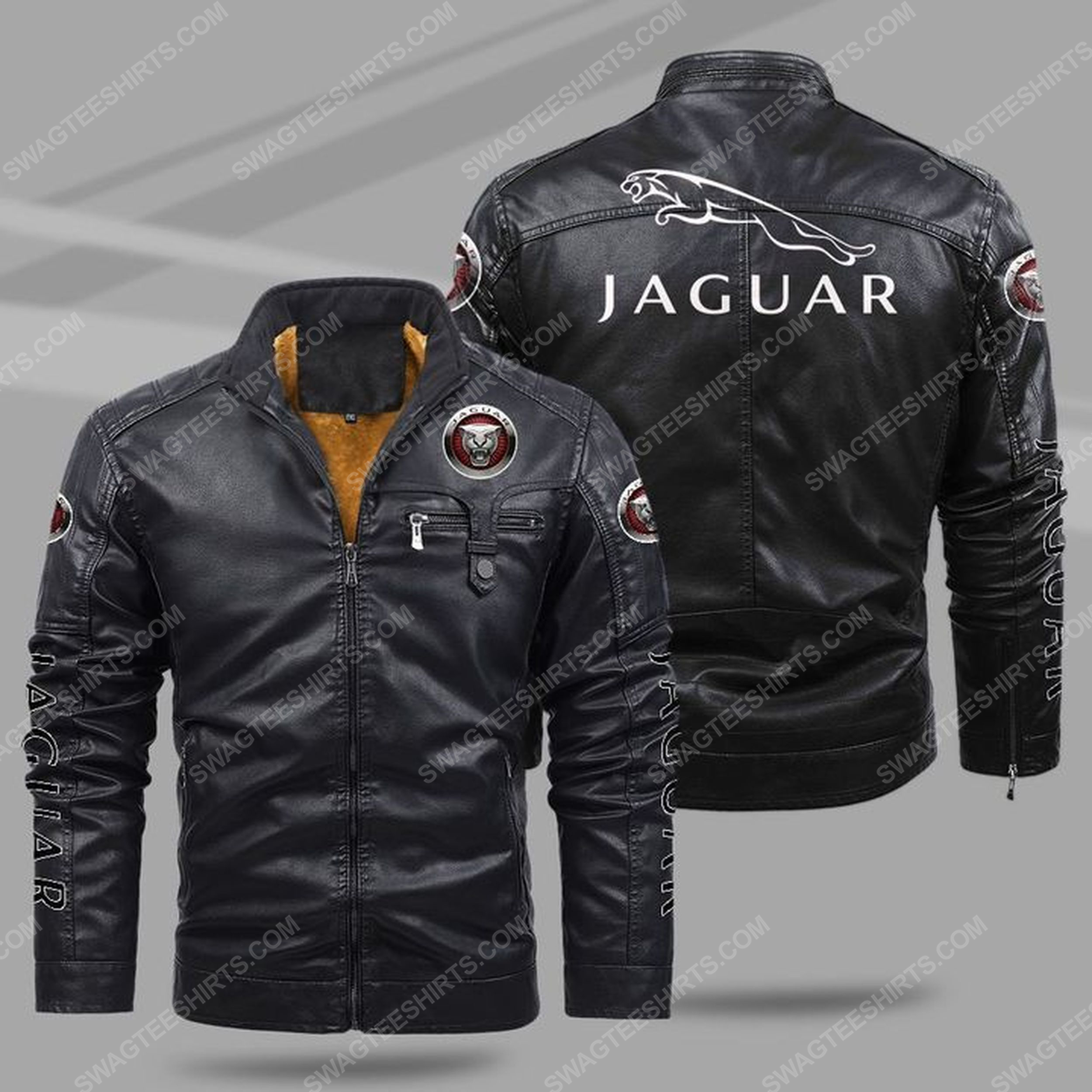 Jaguar car all over print fleece leather jacket