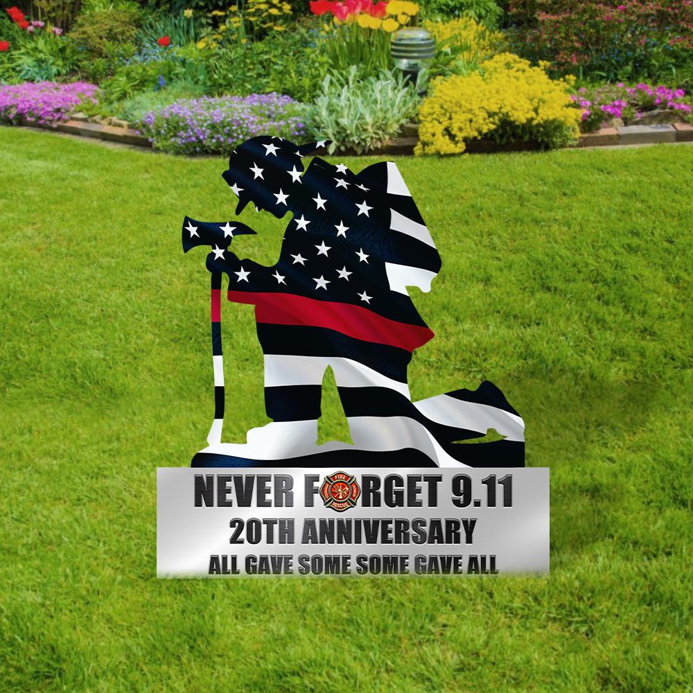 Kneeling Firefighter Never Forget 9-11 20th Anniversary Metal Sign 2