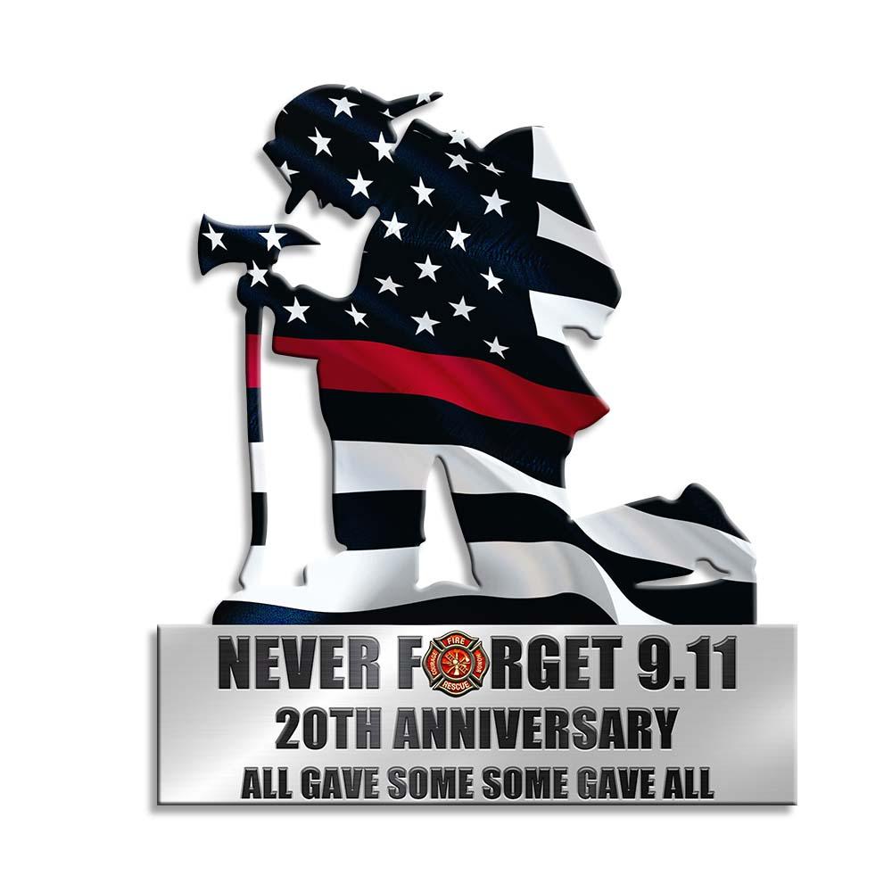 Kneeling Firefighter Never Forget 9-11 20th Anniversary Metal Sign – Teasearch 160821