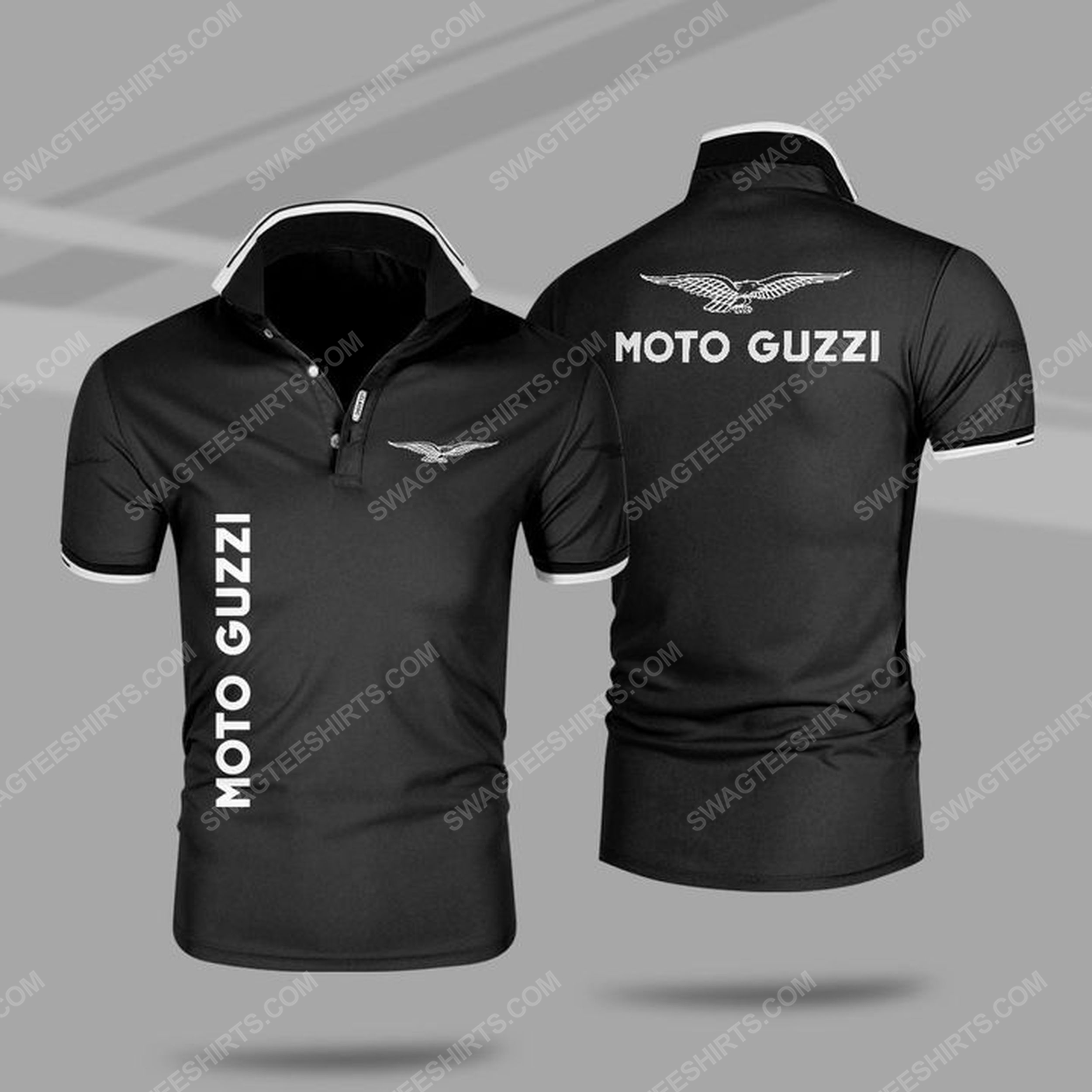 Moto guzzi italian motorcycles all over print polo shirt - black 1