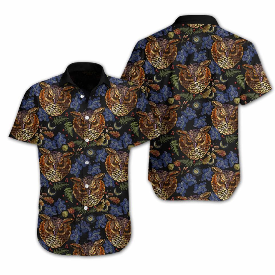 Owl embroidery hawaiian shirt1