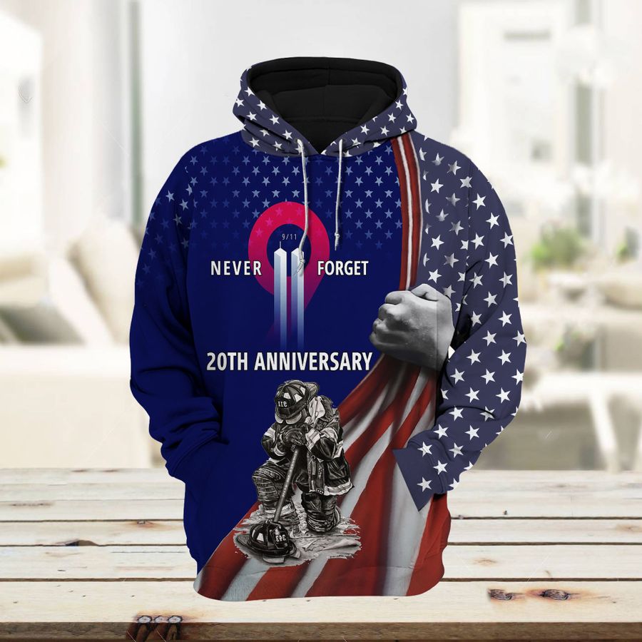 Patriot firefighter 911 20th anniversary never forget 3d printed hoodie 3