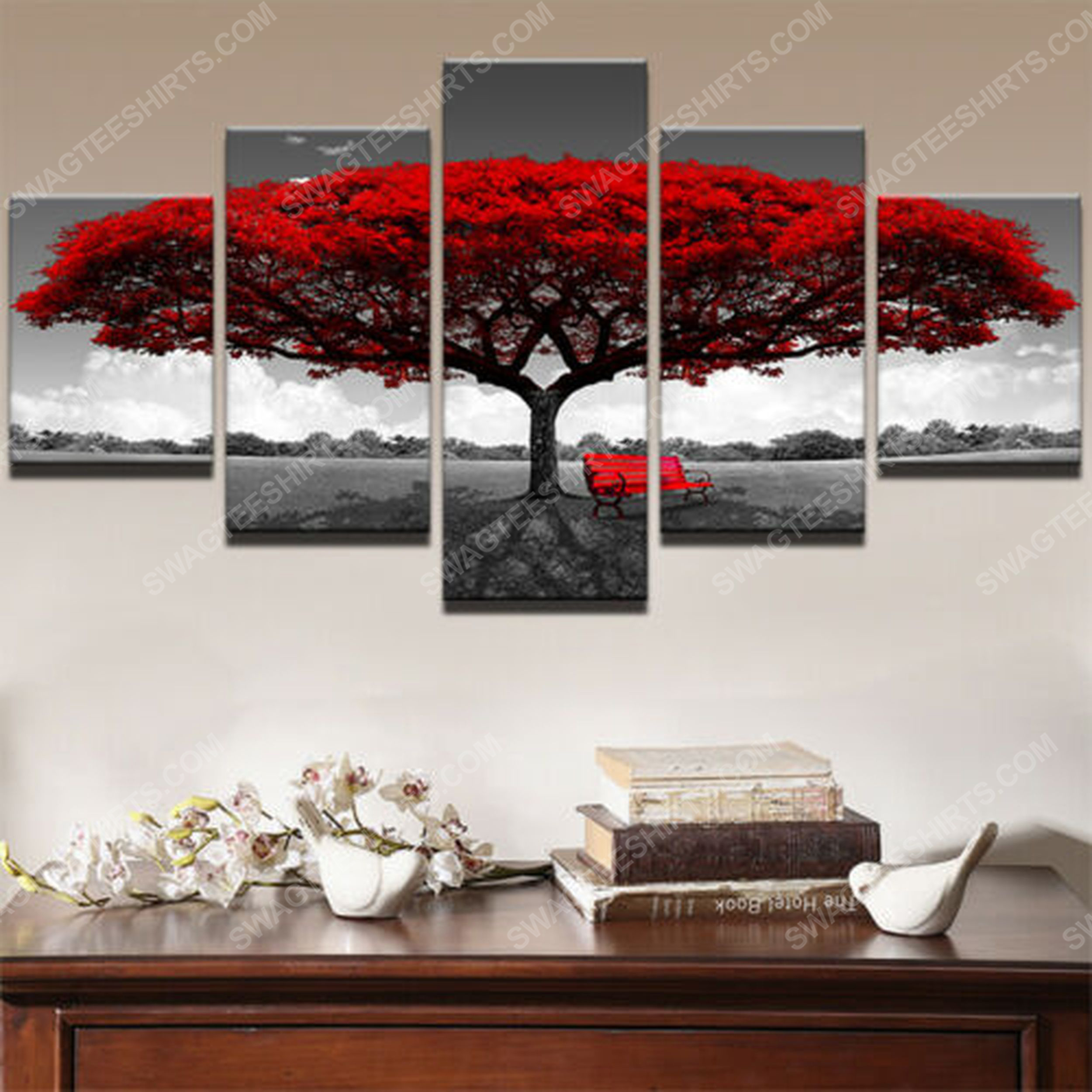 Red tree chair landscape print painting canvas wall art home decor