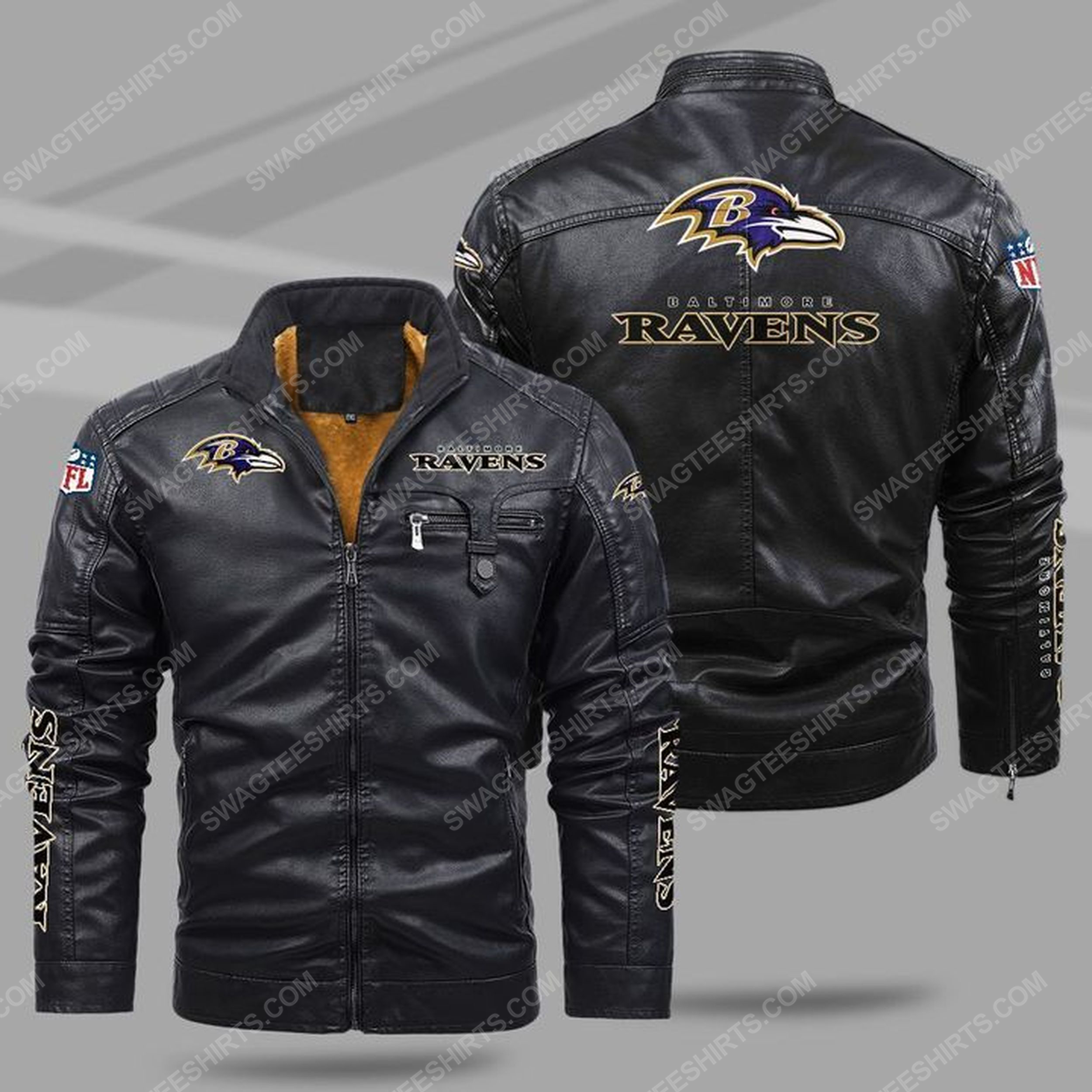 The baltimore ravens nfl all over print fleece leather jacket - black 1