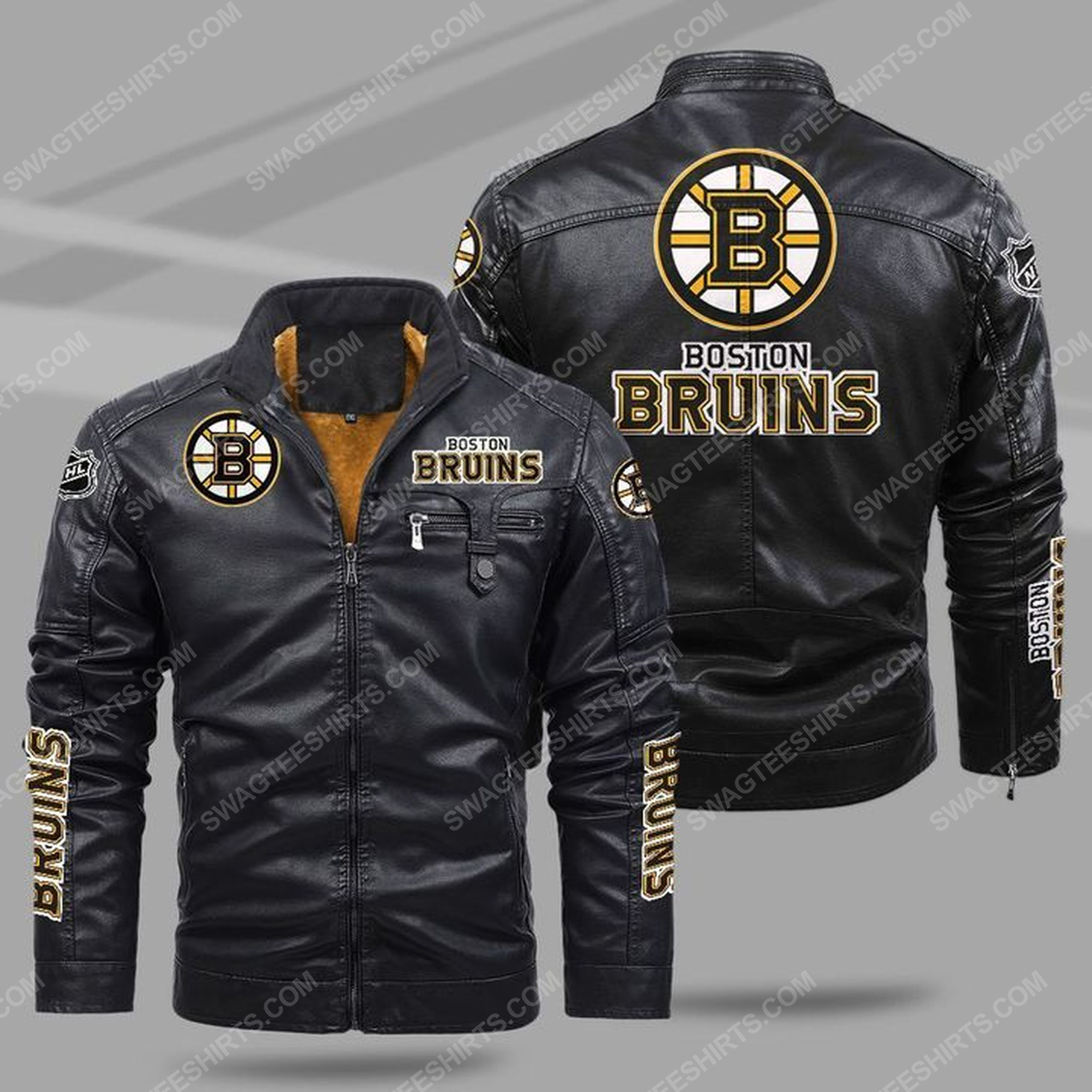 The boston bruins nhl all over print fleece leather jacket - black 1
