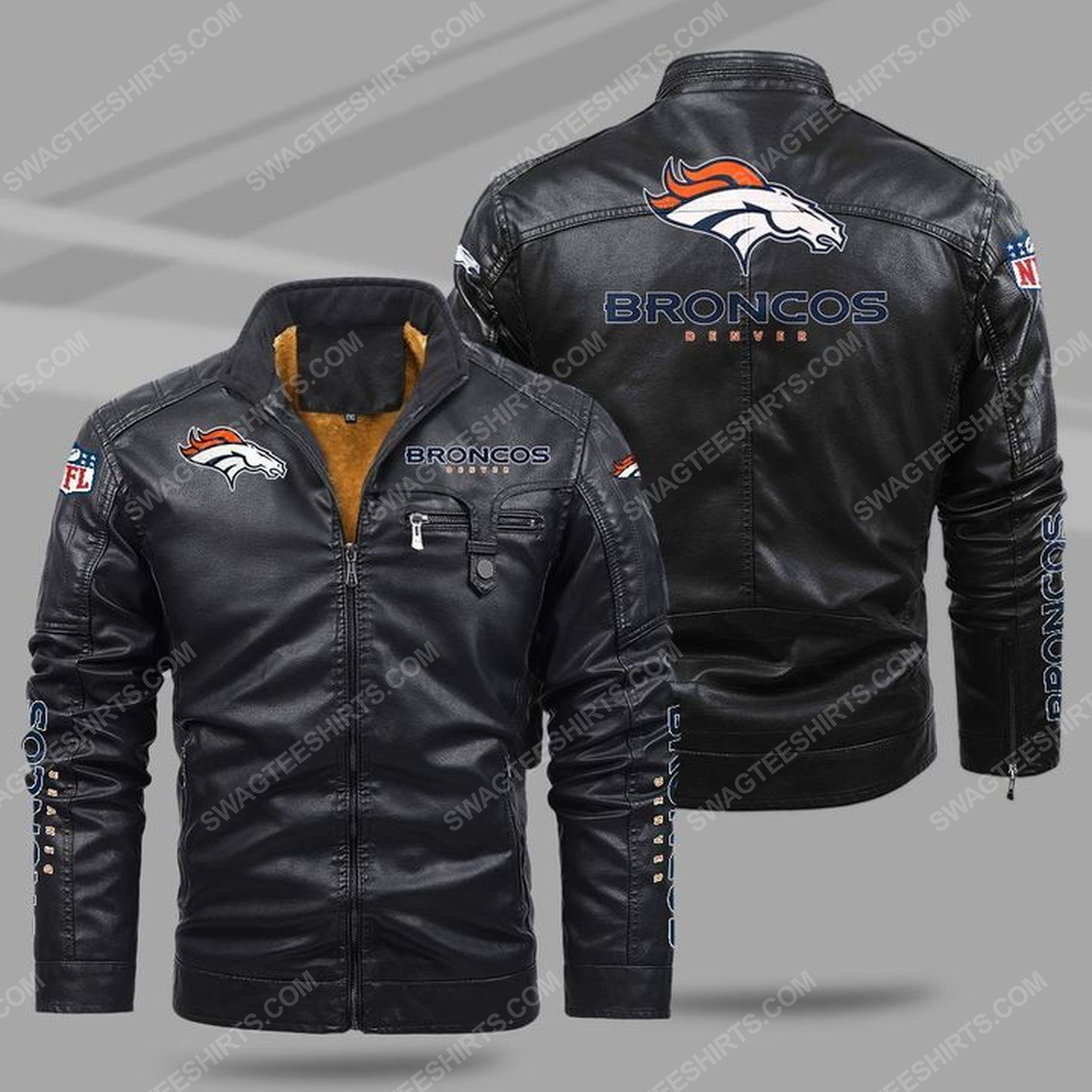 The denver broncos nfl all over print fleece leather jacket - black 1