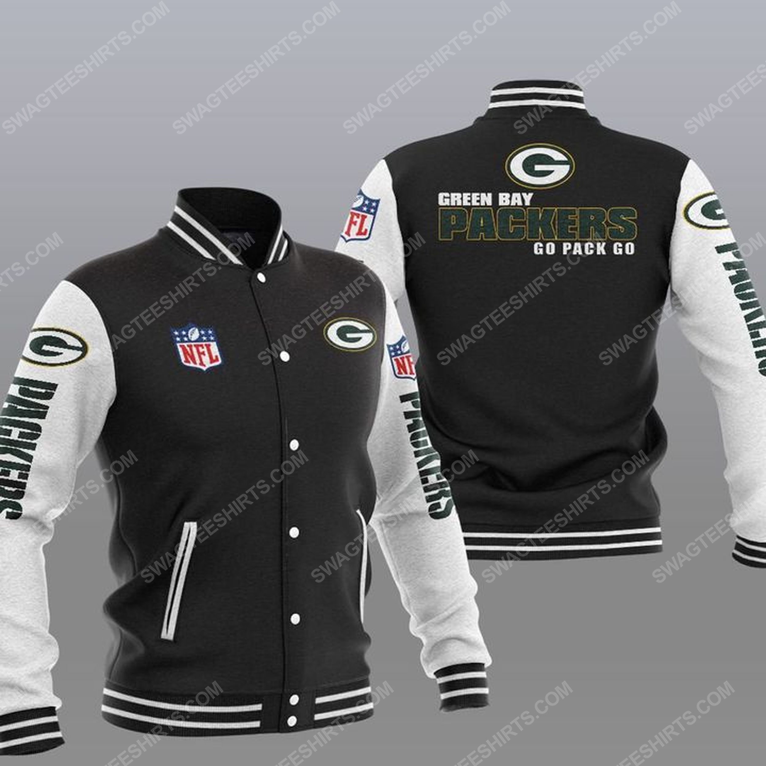 The green bay packers nfl all over print baseball jacket - black 1