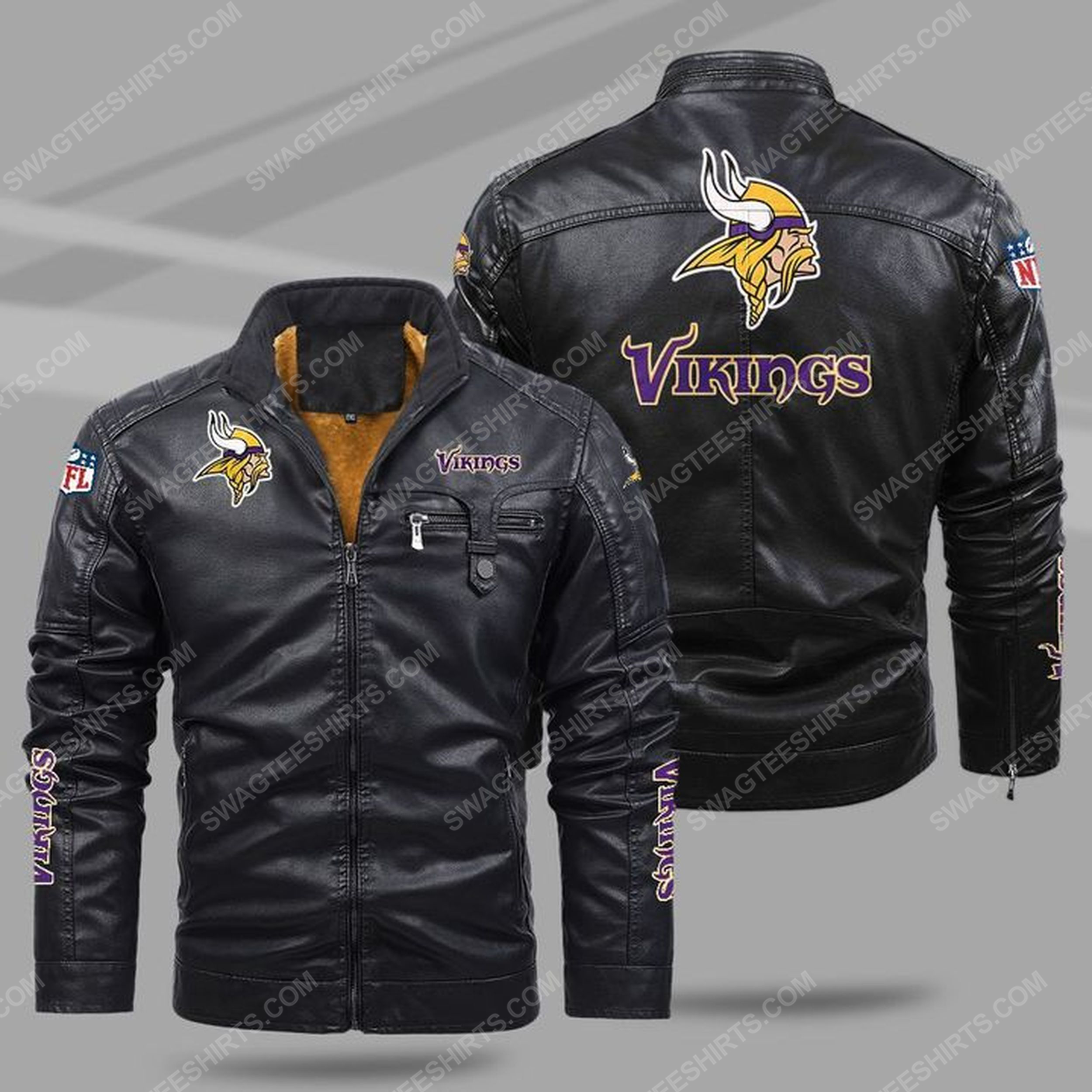 The minnesota vikings nfl all over print fleece leather jacket - black 1