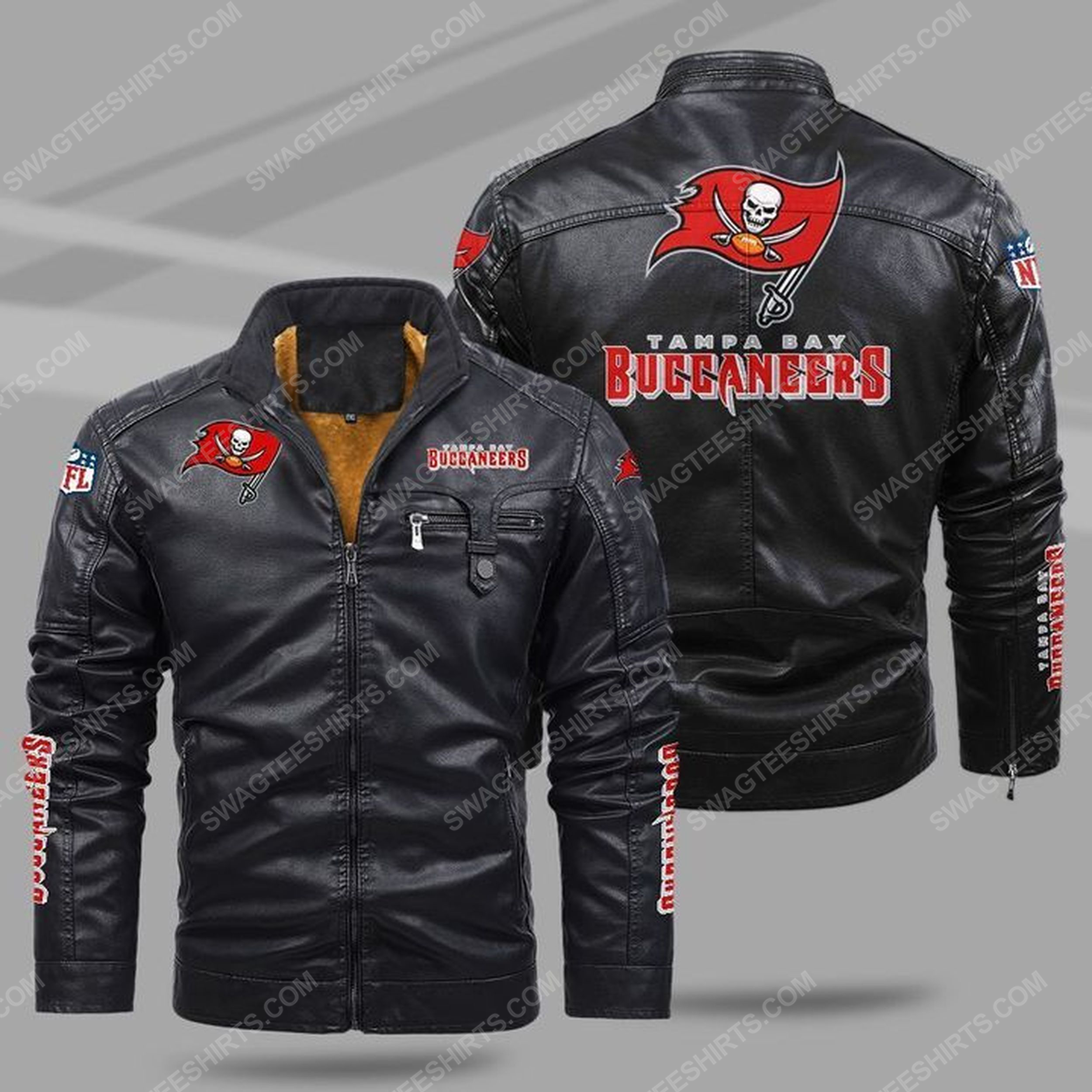 The tampa bay buccaneers nfl all over print fleece leather jacket - black 1