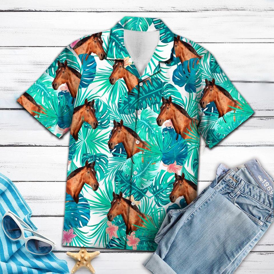 Tropical leaf and horses hawaiian shirt