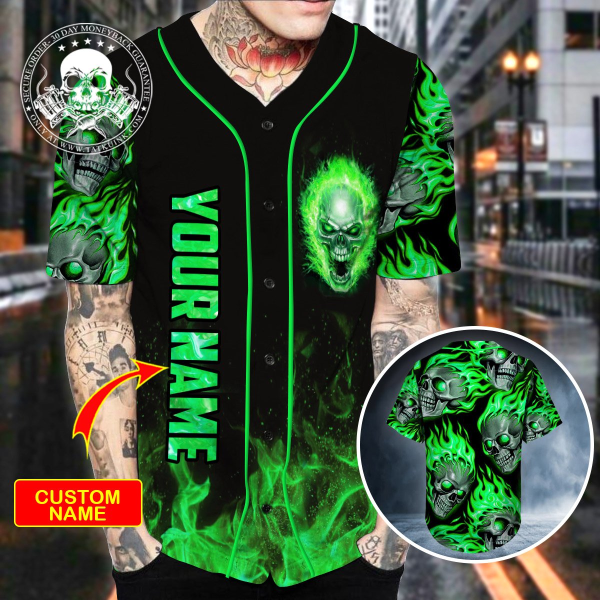 16-Ghost Green Skull Personalized Baseball Jersey (2)