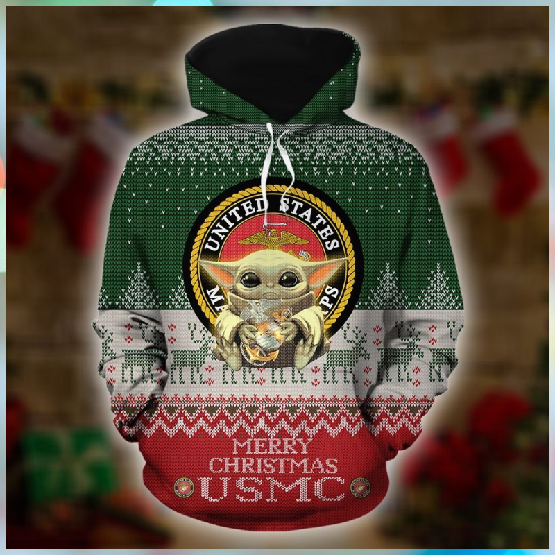 Baby Yoda United States Marine Corps Merry Christmas 3d Hoodie 1