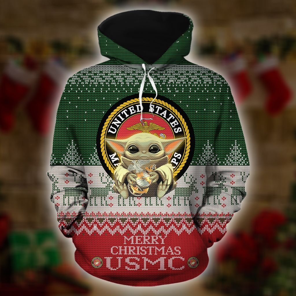 Baby Yoda United States Marine Corps Merry Christmas 3d Hoodie