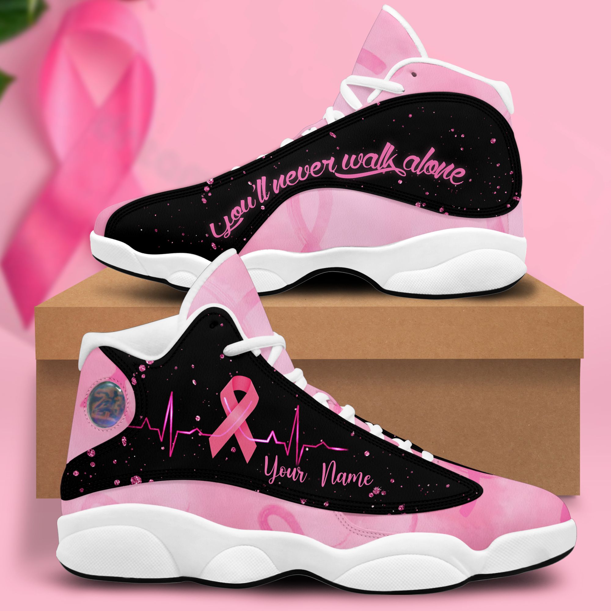 Breast Cancer heart beat you will never walk alone custom personalized name Air Jorden 13 shoes – LIMITED EDTION