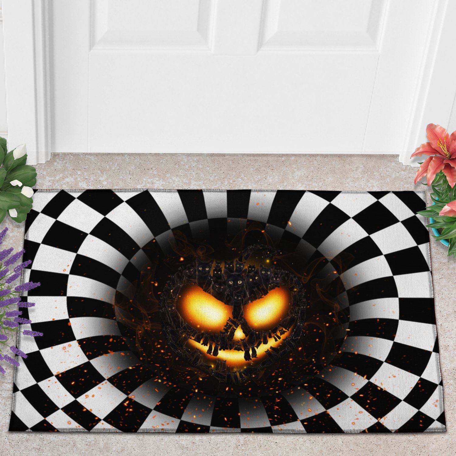 Cat pumpkin illusion doormat 1