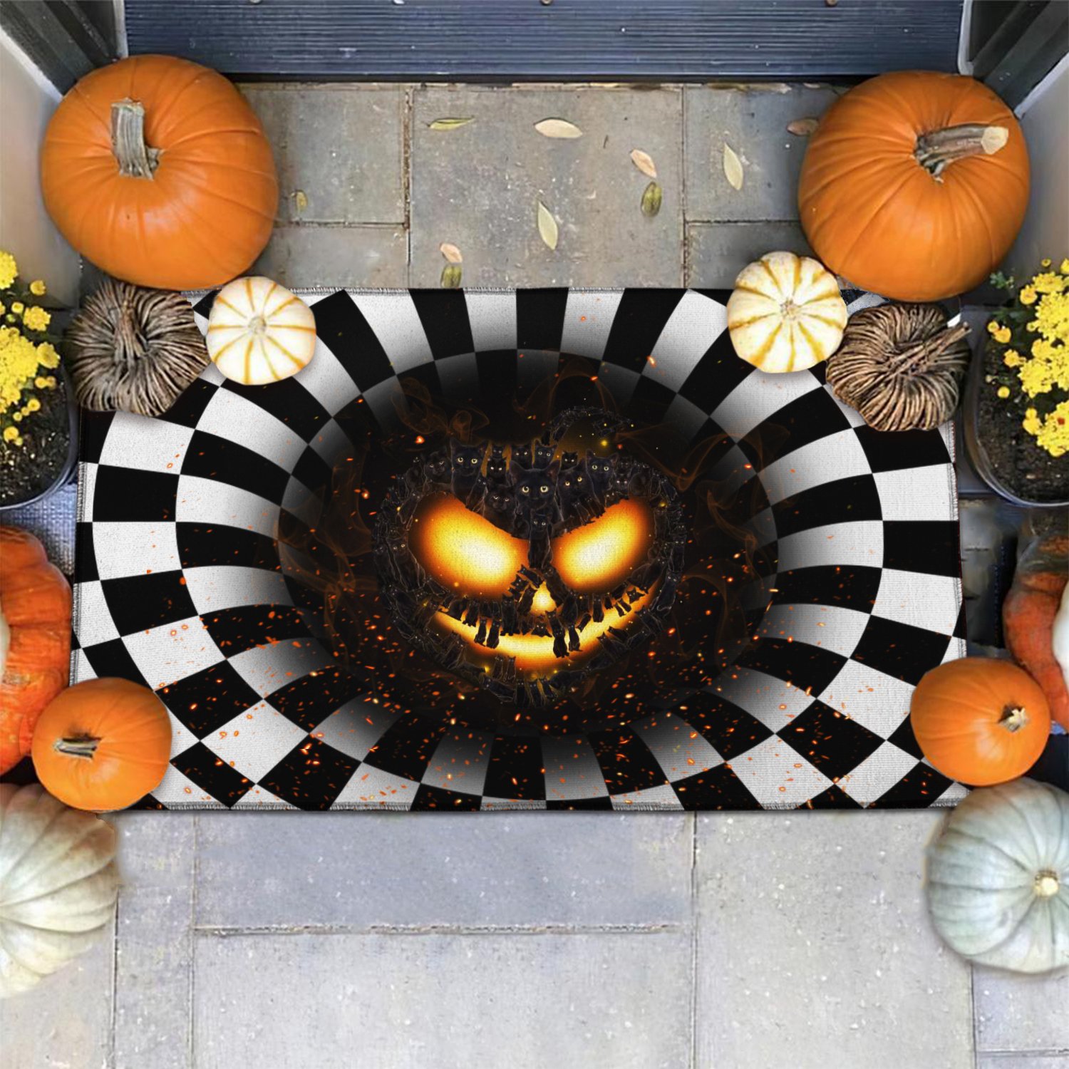 Cat pumpkin illusion doormat 2