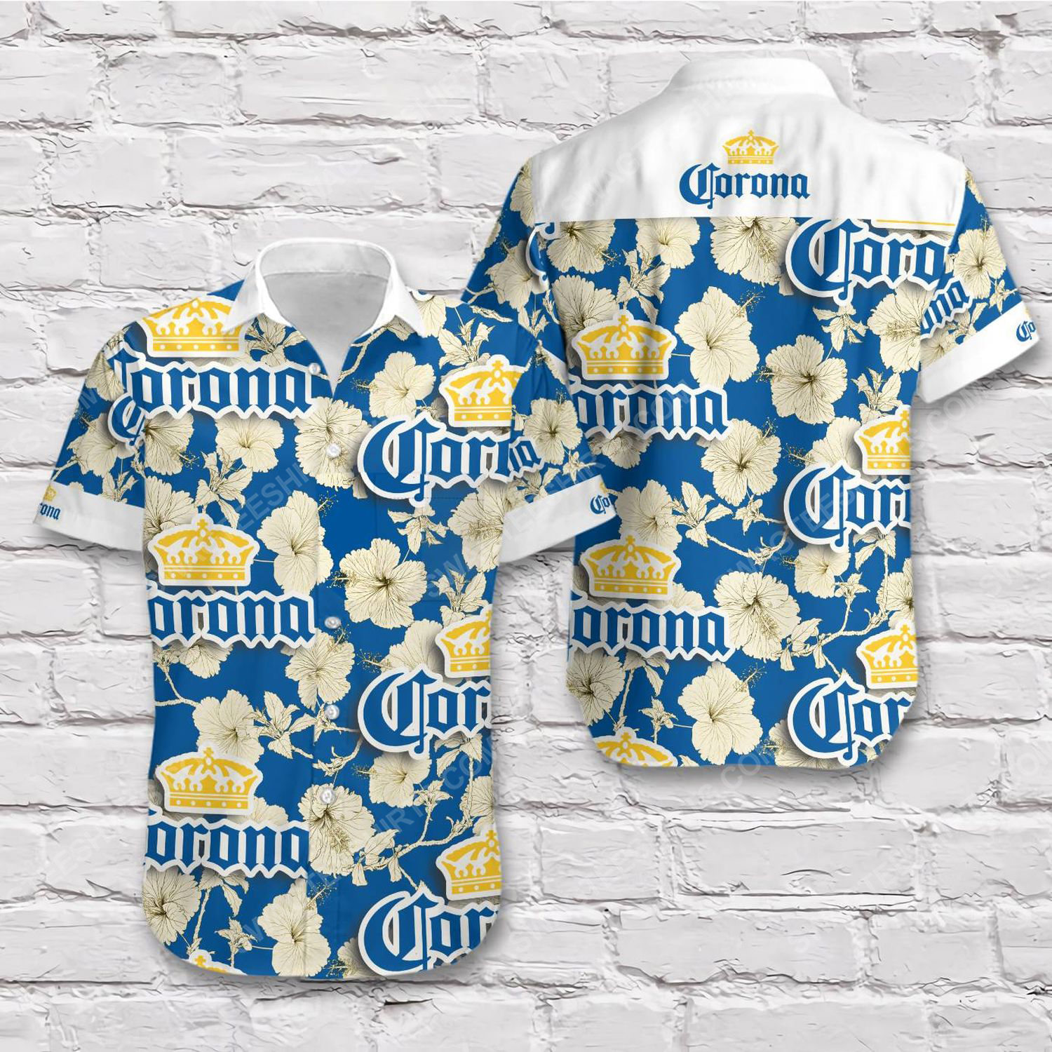 Corona beer blue gold tropical summer short sleeve hawaiian shirt 1