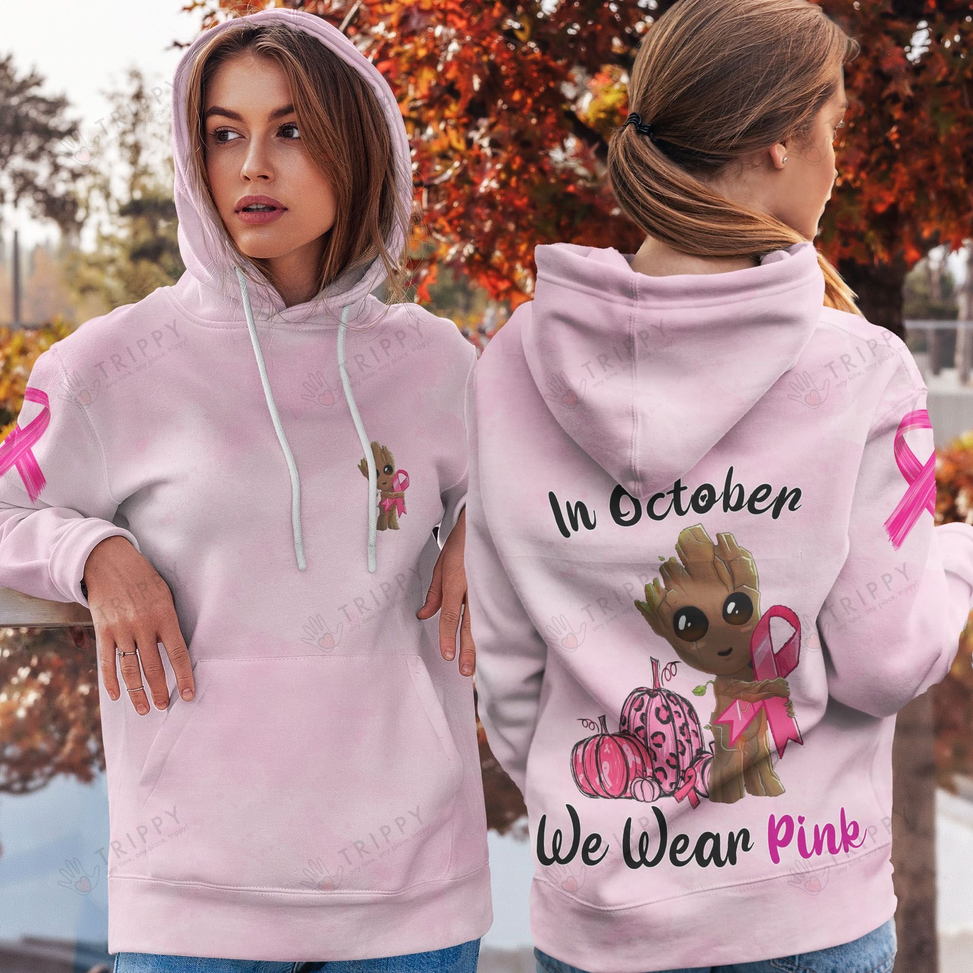 Groot Breast Cancer In October we were pink 3d hoodie, shirt